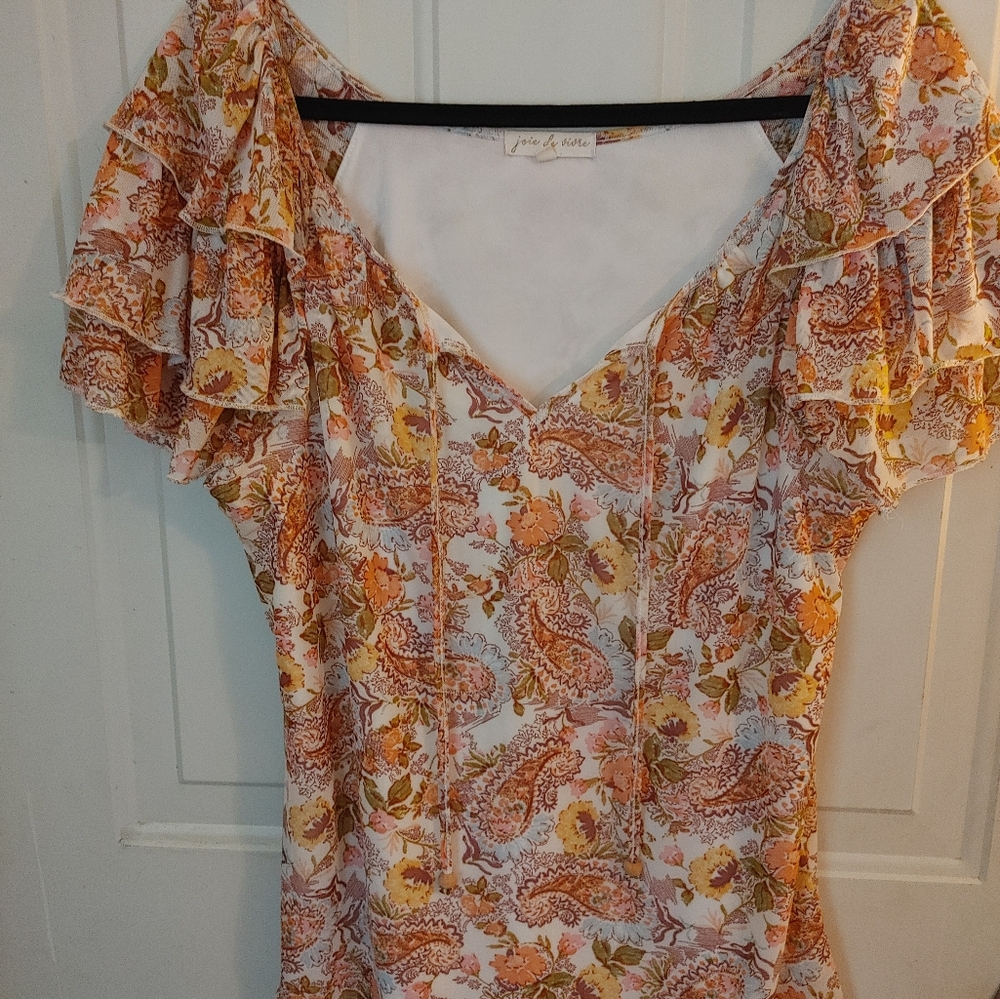 Joie de Vie peasant top Sz XL Orange & gold Paisley ruffled sleeves Boho Flowy